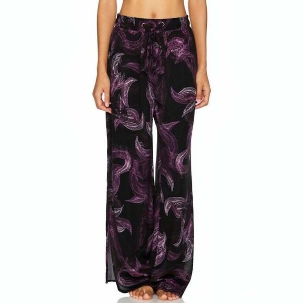 London Jean | Sheer Tropical Print Wide Leg Belted Swim Coverup Pants